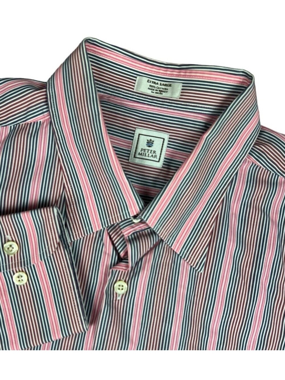Peter Millar Shirt Men’s XL Pink Red Blue Striped Long Sleeve Casual 100% Cotton